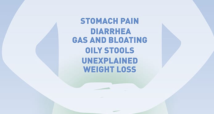 A silhouette is sick to its stomach. The words of common EPI symptoms are overlaid on the stomach - stomach pain, diarrhea, gas and bloating, oily stools and unexplained weight loss